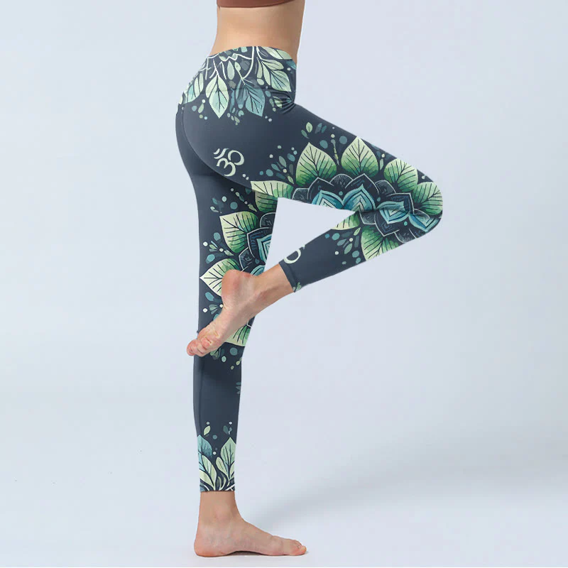 Leggings da palestra con stampa a motivo floreale, simbolo Om simmetrico Buddha Stones, pantaloni da yoga da donna - Image 4
