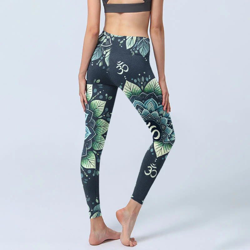 Leggings da palestra con stampa a motivo floreale, simbolo Om simmetrico Buddha Stones, pantaloni da yoga da donna - Image 5