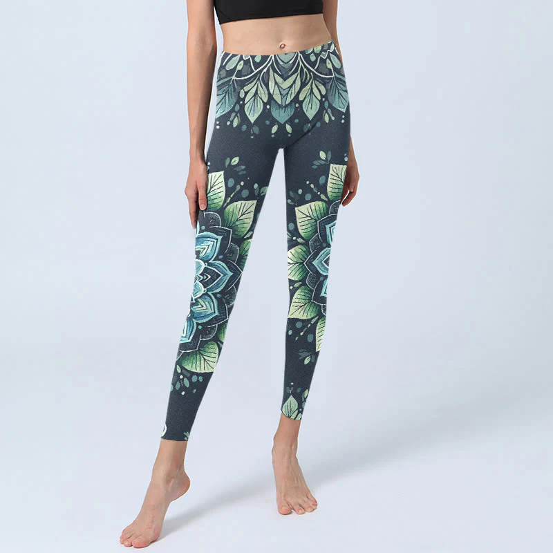 Leggings da palestra con stampa a motivo floreale, simbolo Om simmetrico Buddha Stones, pantaloni da yoga da donna - Image 6