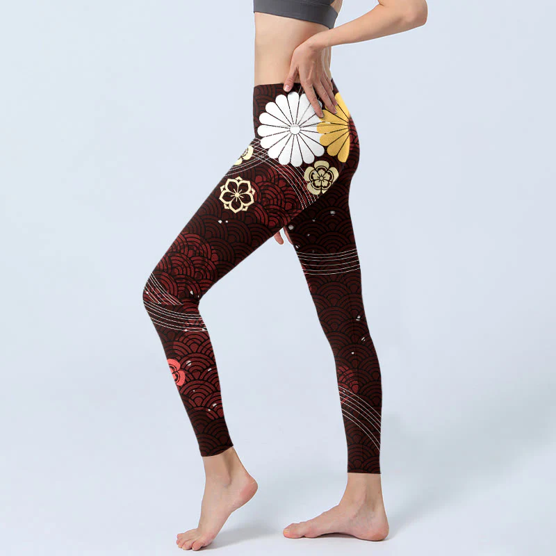 Leggings da palestra con stampa a onde a ventaglio floreale marrone-rossastro Buddha Stones, pantaloni da yoga da donna - Image 3