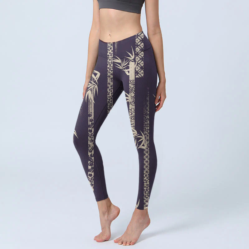 Leggings da palestra con stampa a onde di bambù Buddha Stones, pantaloni da yoga da donna