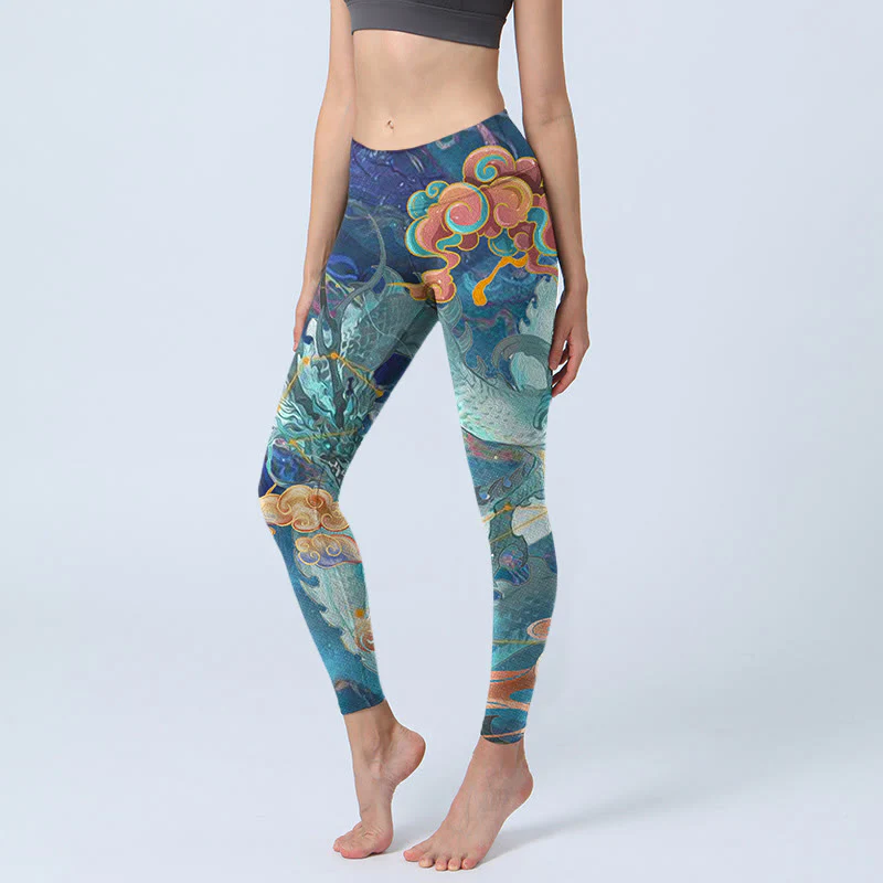 Leggings da palestra con stampa Buddha Stones Blue Dragon e nuvole di buon auspicio, pantaloni da yoga da donna