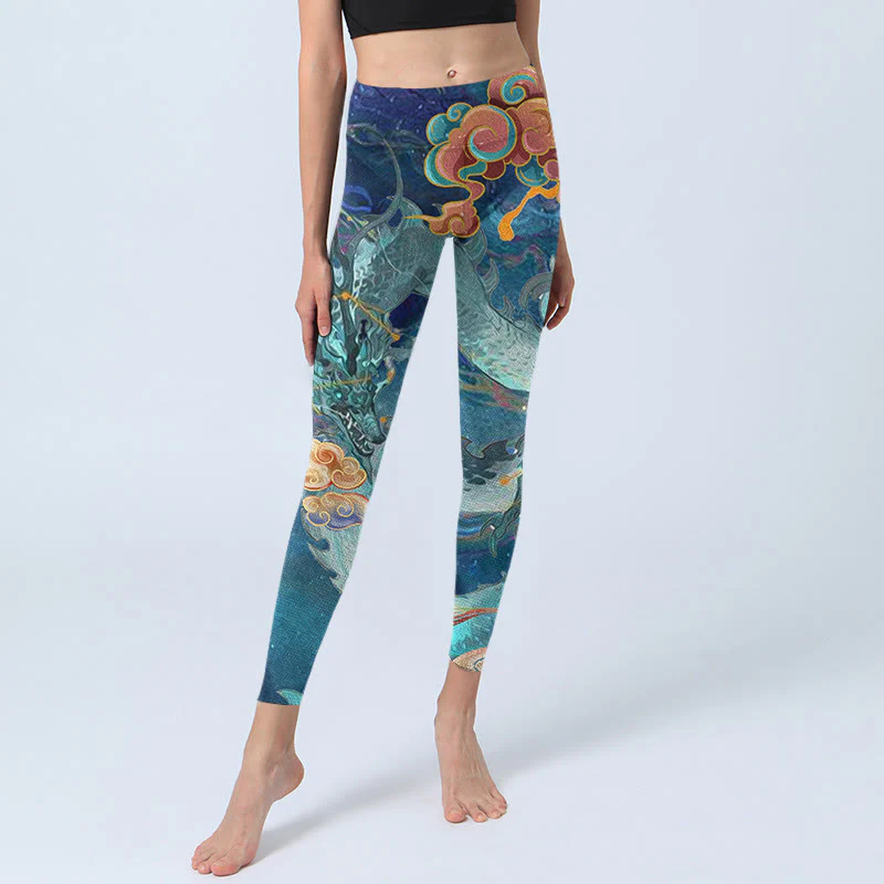 Leggings da palestra con stampa Buddha Stones Blue Dragon e nuvole di buon auspicio, pantaloni da yoga da donna - Image 6