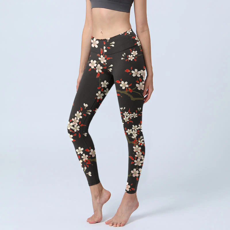 Leggings da palestra con stampa Buddha Stones, fiori di ciliegio bianchi e foglie rosse, pantaloni da yoga da donna