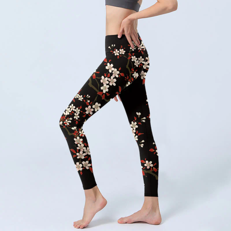 Leggings da palestra con stampa Buddha Stones, fiori di ciliegio bianchi e foglie rosse, pantaloni da yoga da donna - Image 3