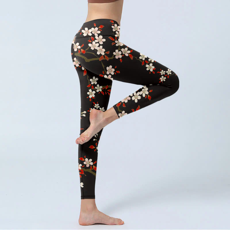 Leggings da palestra con stampa Buddha Stones, fiori di ciliegio bianchi e foglie rosse, pantaloni da yoga da donna - Image 4