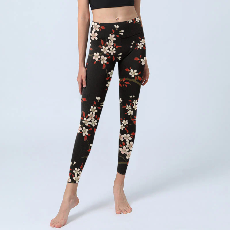 Leggings da palestra con stampa Buddha Stones, fiori di ciliegio bianchi e foglie rosse, pantaloni da yoga da donna - Image 6