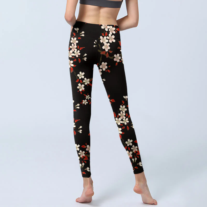 Leggings da palestra con stampa Buddha Stones, fiori di ciliegio bianchi e foglie rosse, pantaloni da yoga da donna - Image 7