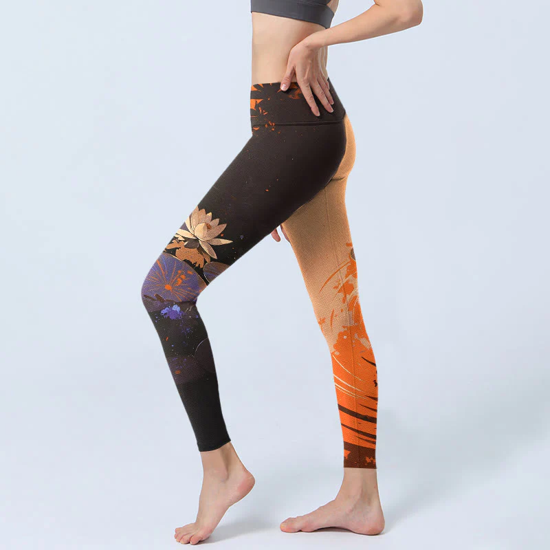 Leggings da palestra con stampa Buddha Stones, fiori di loto, foglie e increspature d'acqua, pantaloni da yoga da donna - Image 3