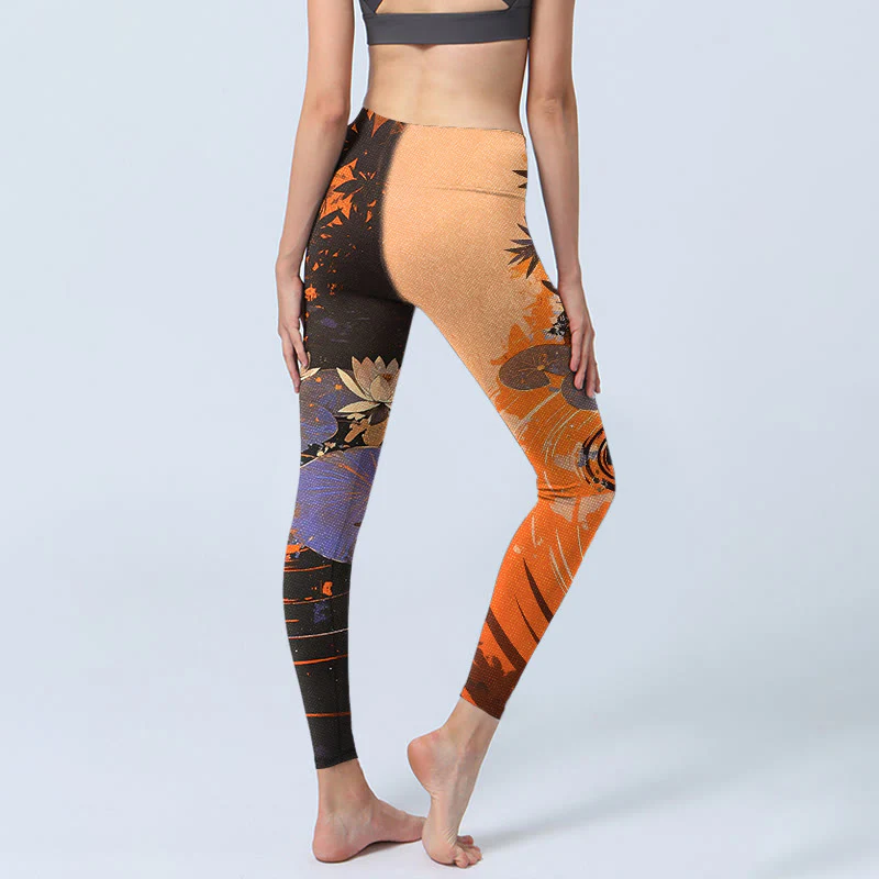 Leggings da palestra con stampa Buddha Stones, fiori di loto, foglie e increspature d'acqua, pantaloni da yoga da donna - Image 4