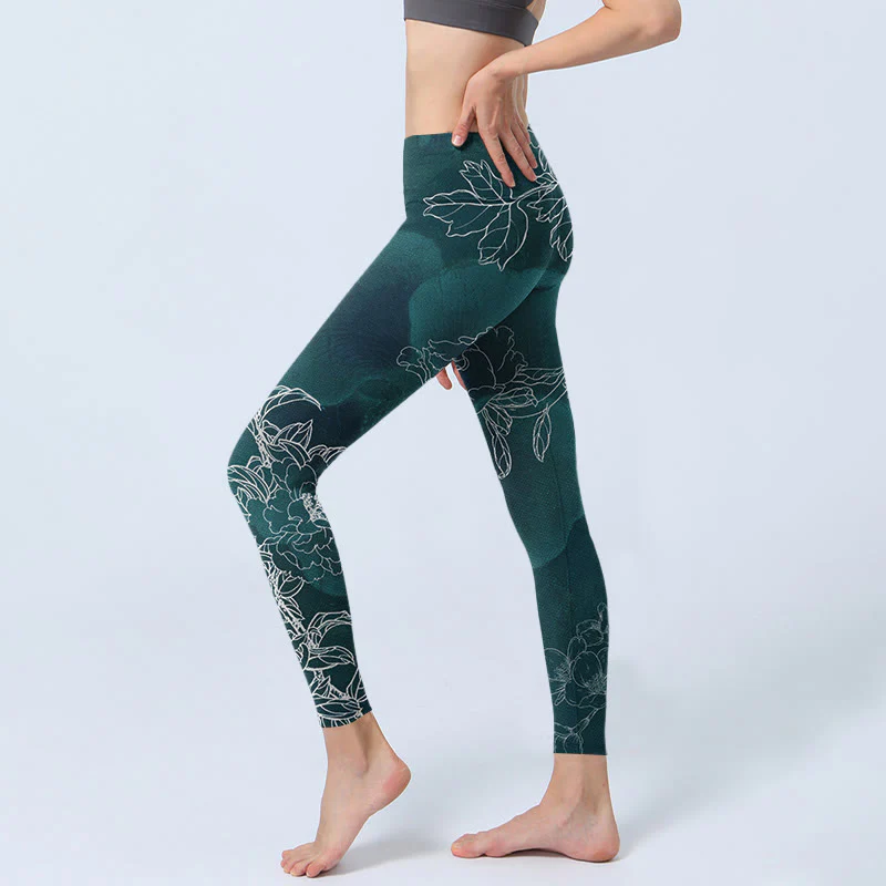 Leggings da palestra con stampa Buddha Stones, fiori di peonia e farfalle, pantaloni da yoga da donna - Image 3