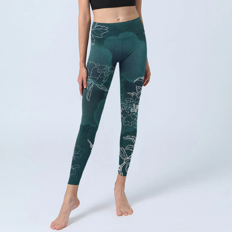 Leggings da palestra con stampa Buddha Stones, fiori di peonia e farfalle, pantaloni da yoga da donna - Image 6