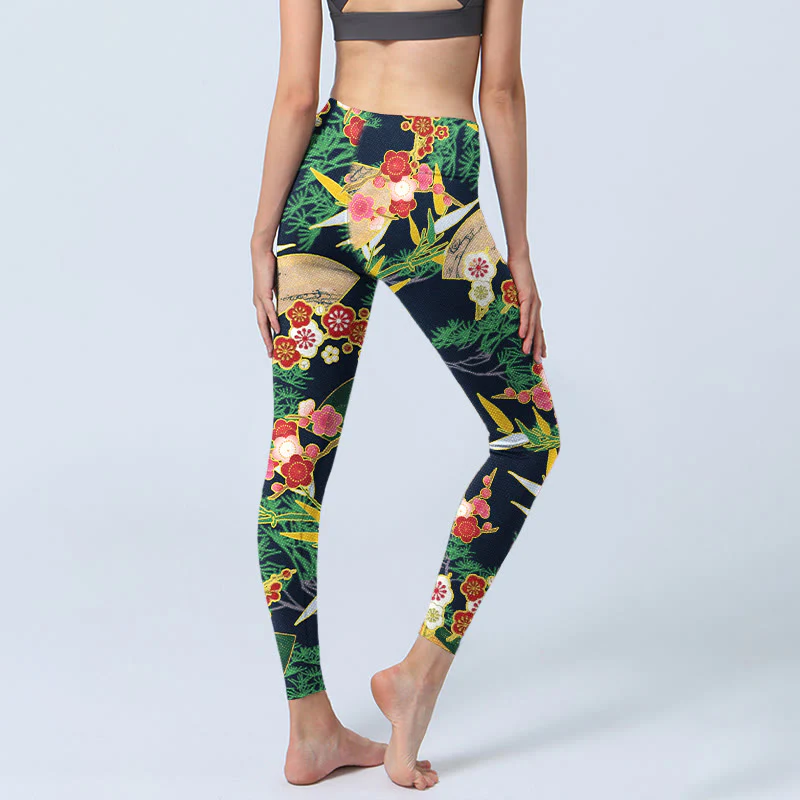 Leggings da palestra con stampa Buddha Stones, fiori rossi, bambù giallo-verde, pini, pantaloni da yoga da donna - Image 5