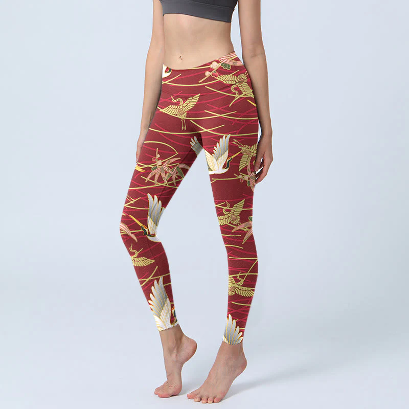 Leggings da palestra con stampa Buddha Stones Flying Cranes Slender Branches, pantaloni da yoga da donna