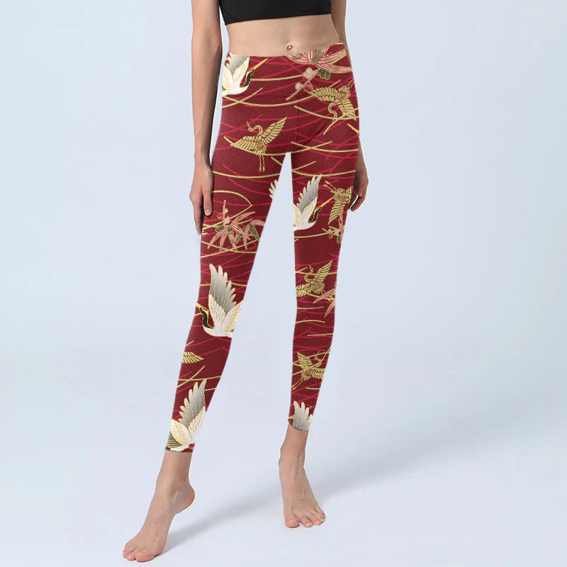 Leggings da palestra con stampa Buddha Stones Flying Cranes Slender Branches, pantaloni da yoga da donna - Image 6