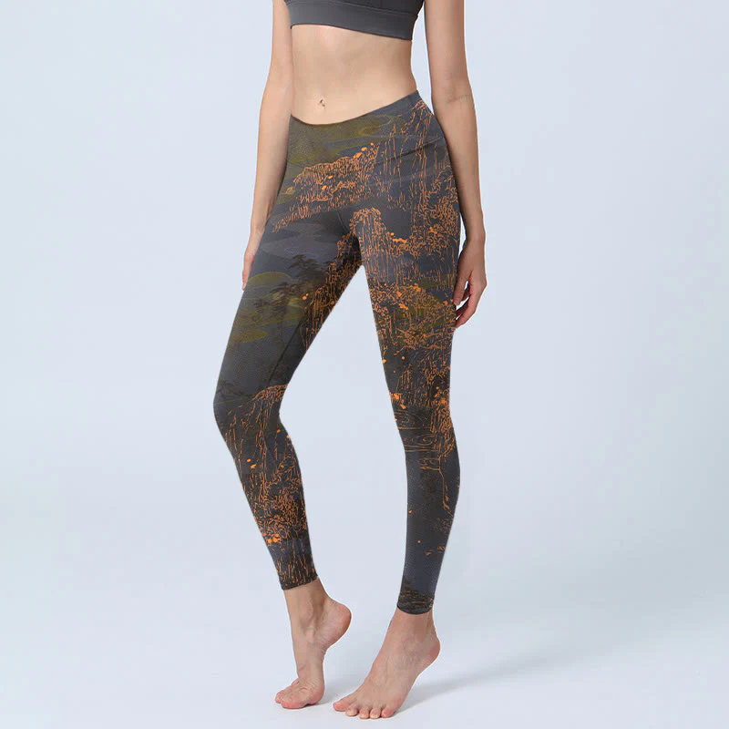 Leggings da palestra con stampa Buddha Stones Golden Mountains Clouds, pantaloni da yoga da donna