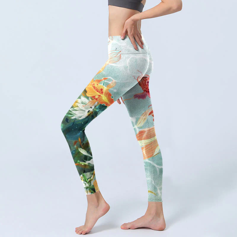 Leggings da palestra con stampa Buddha Stones Green Koi Fish White Lotus Water Ripples Pantaloni da yoga da donna - Image 3