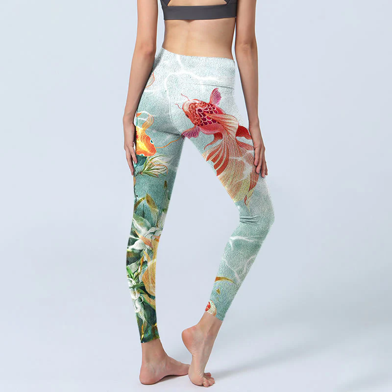 Leggings da palestra con stampa Buddha Stones Green Koi Fish White Lotus Water Ripples Pantaloni da yoga da donna - Image 5