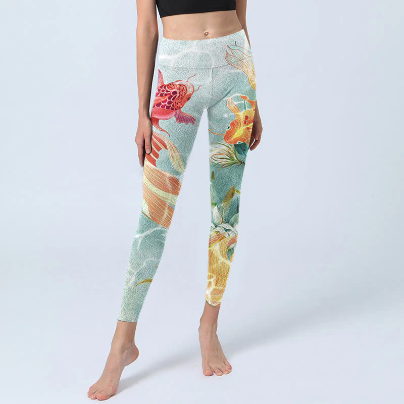 Leggings da palestra con stampa Buddha Stones Green Koi Fish White Lotus Water Ripples Pantaloni da yoga da donna - Image 6