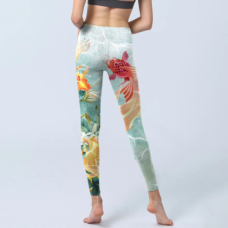 Leggings da palestra con stampa Buddha Stones Green Koi Fish White Lotus Water Ripples Pantaloni da yoga da donna - Image 7