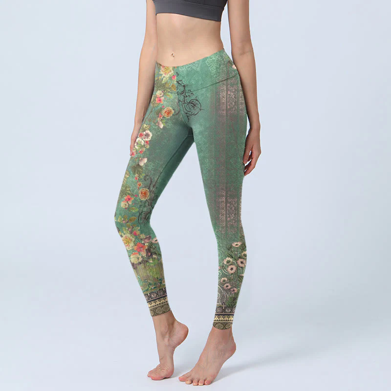Leggings da palestra con stampa Buddha Stones, motivo floreale vintage, ghirlanda di pizzo damascato, pantaloni da yoga da donna