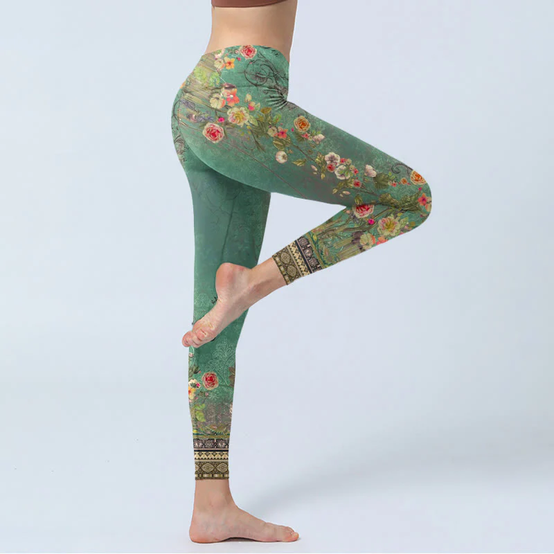 Leggings da palestra con stampa Buddha Stones, motivo floreale vintage, ghirlanda di pizzo damascato, pantaloni da yoga da donna - Image 5