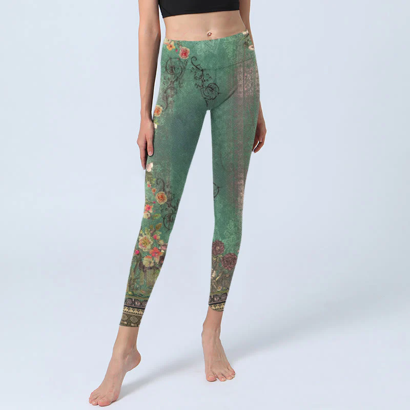 Leggings da palestra con stampa Buddha Stones, motivo floreale vintage, ghirlanda di pizzo damascato, pantaloni da yoga da donna - Image 6