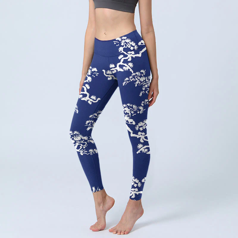 Leggings da palestra con stampa Buddha Stones Pine Tree Silhouette Pattern, pantaloni da yoga da donna