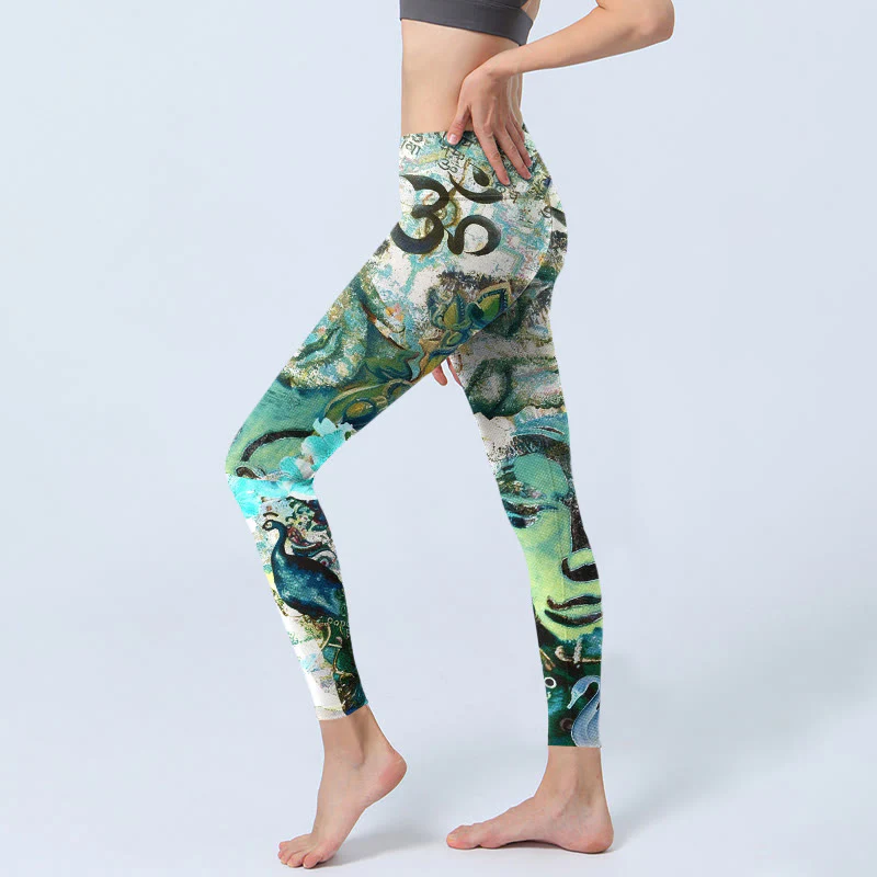 Leggings da palestra con stampa Buddha Stones, simbolo Om, figura umana, pavone e motivo di loto, pantaloni da yoga da donna - Image 3
