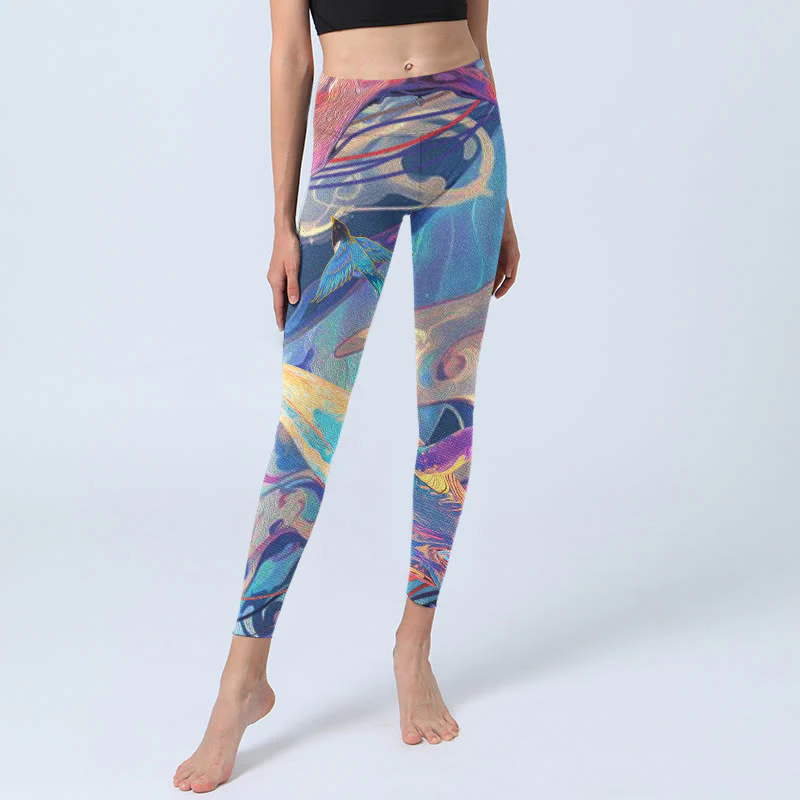 Leggings da palestra con stampa Buddha Stones Whales Swallows Waves Pantaloni da yoga da donna - Image 6
