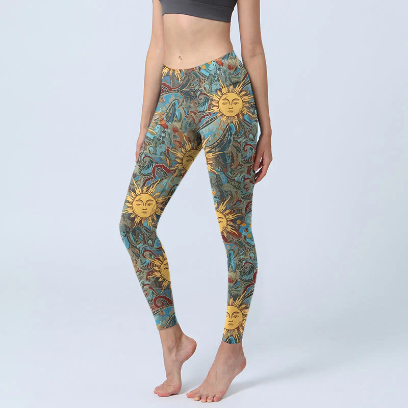 Leggings da palestra con stampa del motivo del sole personificato dorato Buddha Stones, pantaloni da yoga da donna