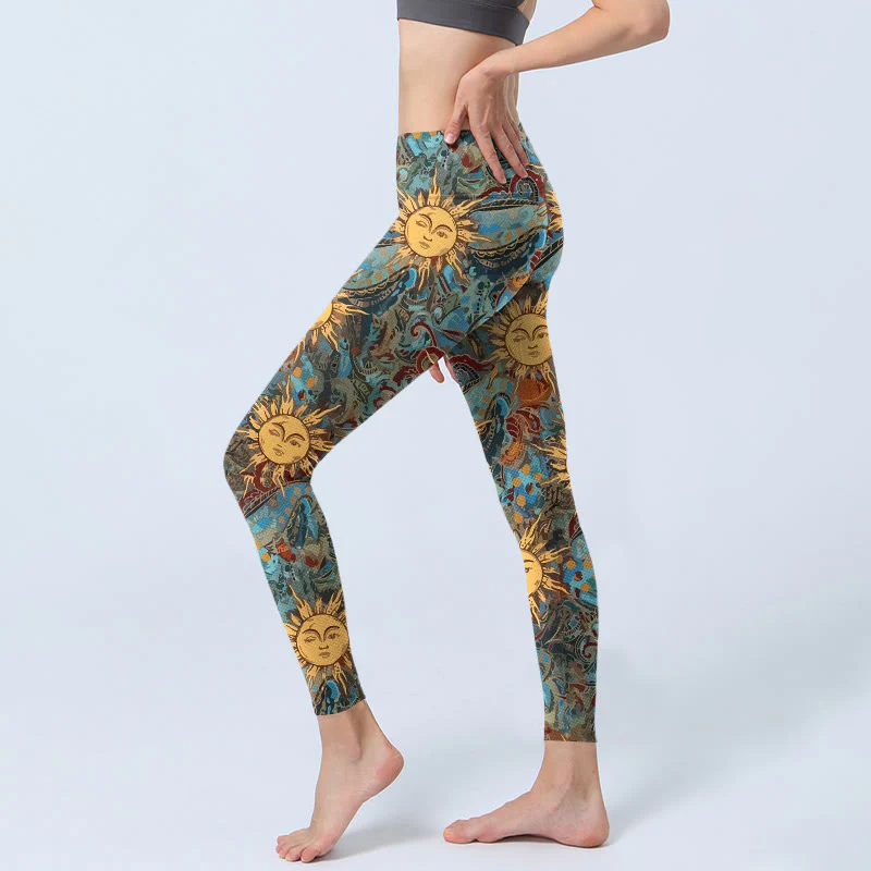 Leggings da palestra con stampa del motivo del sole personificato dorato Buddha Stones, pantaloni da yoga da donna - Image 3