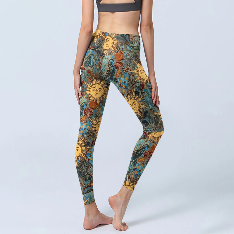 Leggings da palestra con stampa del motivo del sole personificato dorato Buddha Stones, pantaloni da yoga da donna - Image 5