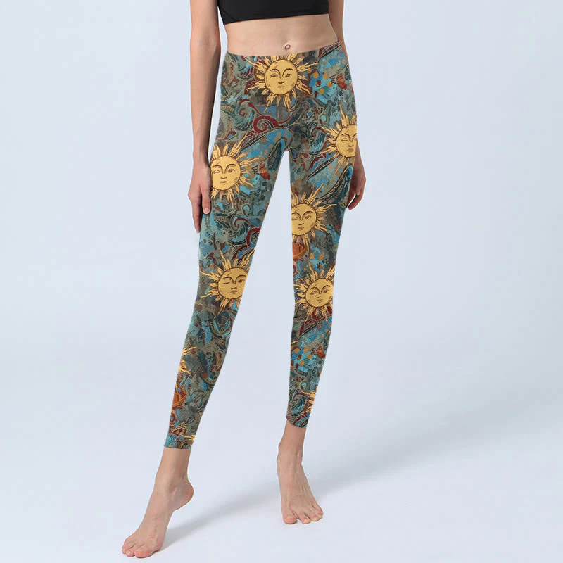 Leggings da palestra con stampa del motivo del sole personificato dorato Buddha Stones, pantaloni da yoga da donna - Image 6