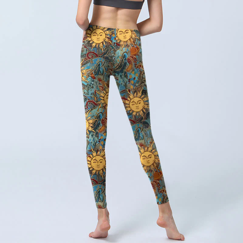 Leggings da palestra con stampa del motivo del sole personificato dorato Buddha Stones, pantaloni da yoga da donna - Image 7