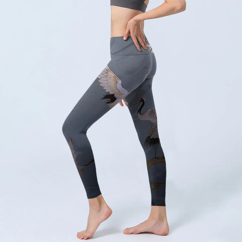 Leggings da palestra con stampa di albero di pino e gru bianca Buddha Stones, pantaloni da yoga da donna - Image 3