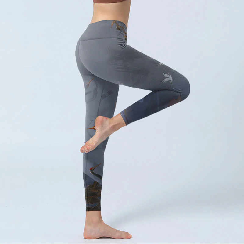 Leggings da palestra con stampa di albero di pino e gru bianca Buddha Stones, pantaloni da yoga da donna - Image 4