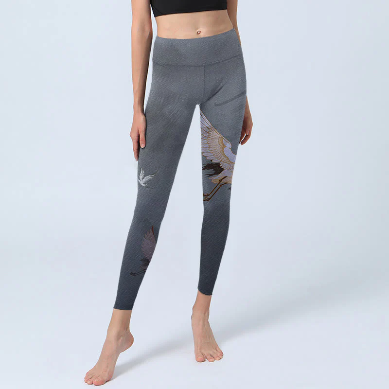 Leggings da palestra con stampa di albero di pino e gru bianca Buddha Stones, pantaloni da yoga da donna - Image 6