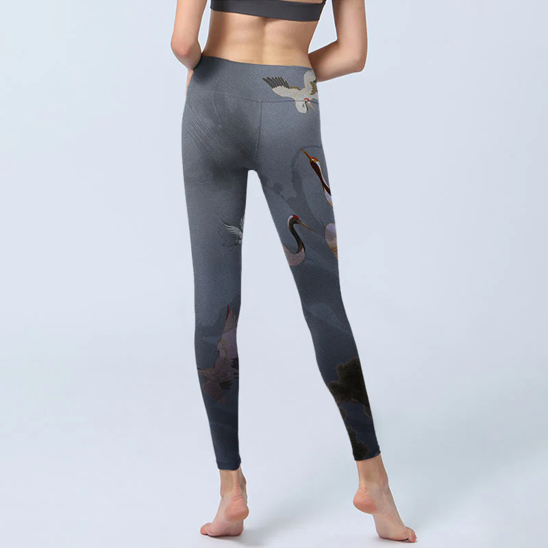 Leggings da palestra con stampa di albero di pino e gru bianca Buddha Stones, pantaloni da yoga da donna - Image 7