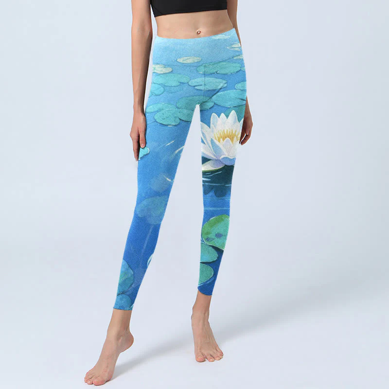 Leggings da palestra con stampa di Buddha Stones, fiori di loto bianchi e foglie di loto verdi, pantaloni da yoga da donna - Image 6