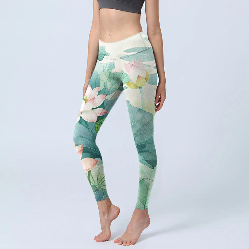 Leggings da palestra con stampa di Buddha Stones, fiori di loto, foglie e baccelli di loto, pantaloni da yoga da donna