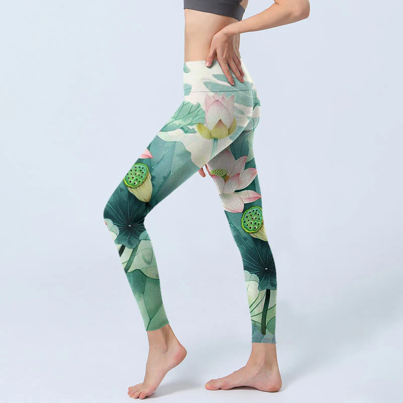 Leggings da palestra con stampa di Buddha Stones, fiori di loto, foglie e baccelli di loto, pantaloni da yoga da donna - Image 3