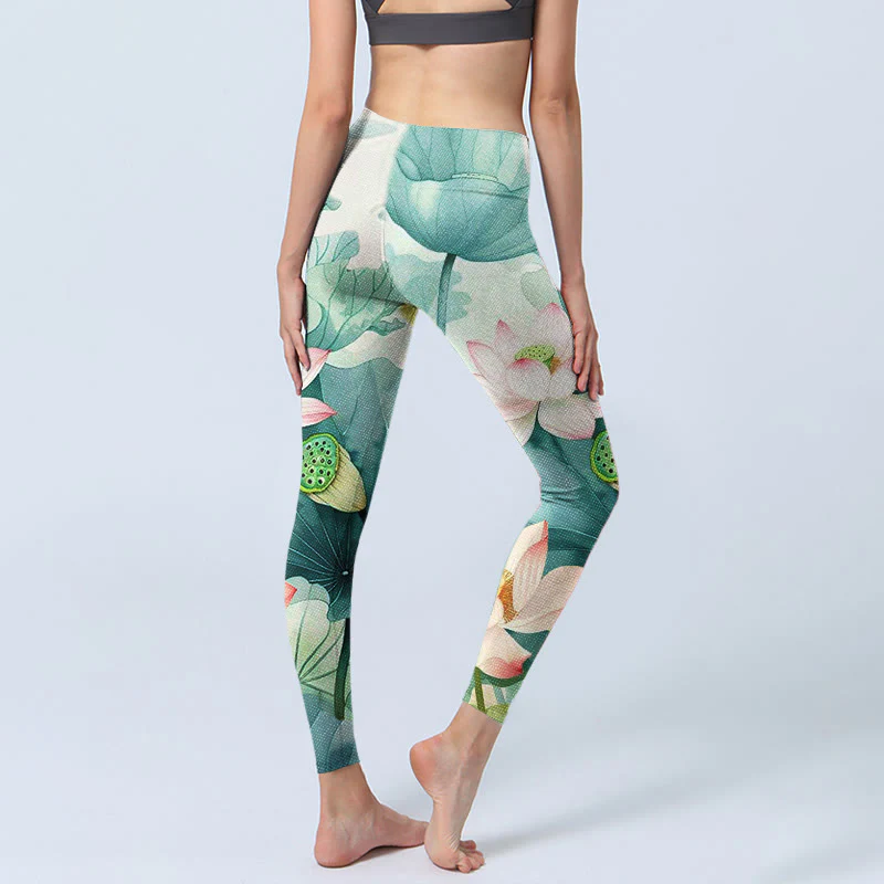 Leggings da palestra con stampa di Buddha Stones, fiori di loto, foglie e baccelli di loto, pantaloni da yoga da donna - Image 4