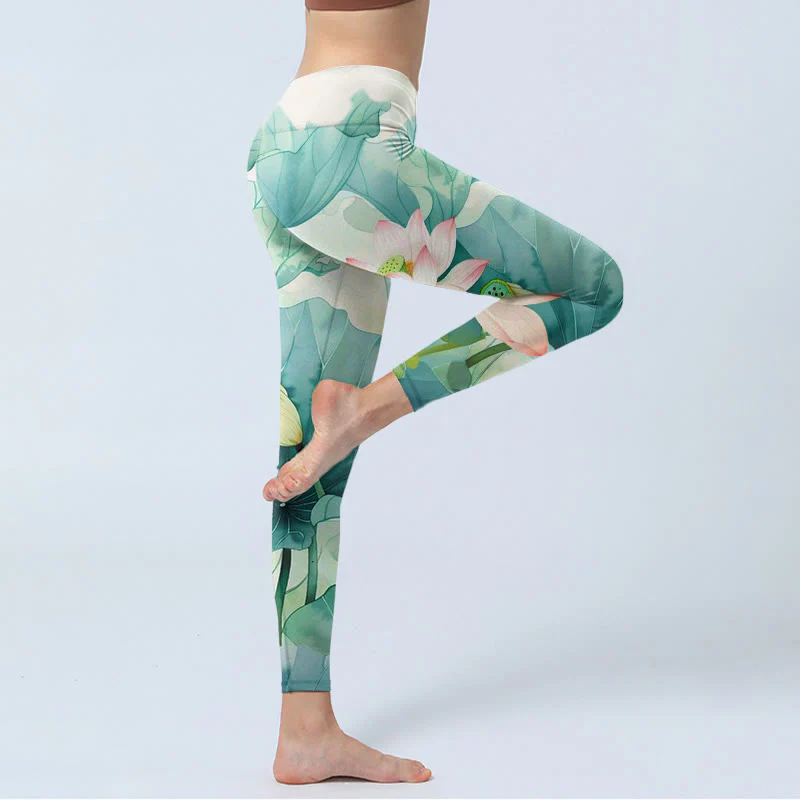 Leggings da palestra con stampa di Buddha Stones, fiori di loto, foglie e baccelli di loto, pantaloni da yoga da donna - Image 5