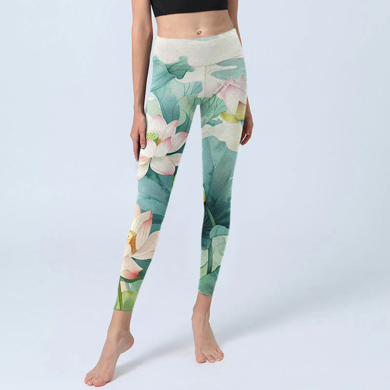 Leggings da palestra con stampa di Buddha Stones, fiori di loto, foglie e baccelli di loto, pantaloni da yoga da donna - Image 6