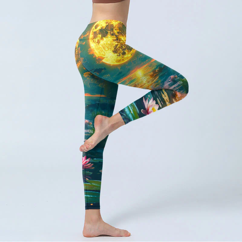 Leggings da palestra con stampa di Buddha Stones, fiori di loto, foglie e luna piena, pantaloni da yoga da donna - Image 4