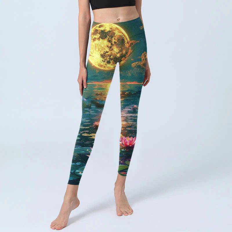 Leggings da palestra con stampa di Buddha Stones, fiori di loto, foglie e luna piena, pantaloni da yoga da donna - Image 6