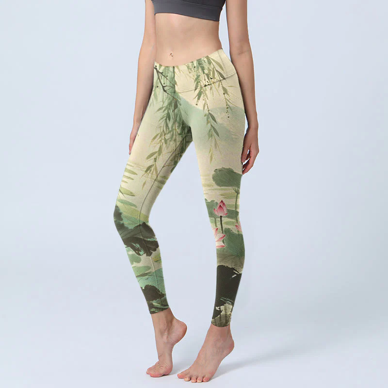 Leggings da palestra con stampa di Buddha Stones, fiori di loto rosa, foglie di loto, rami di salice, pantaloni da yoga da donna