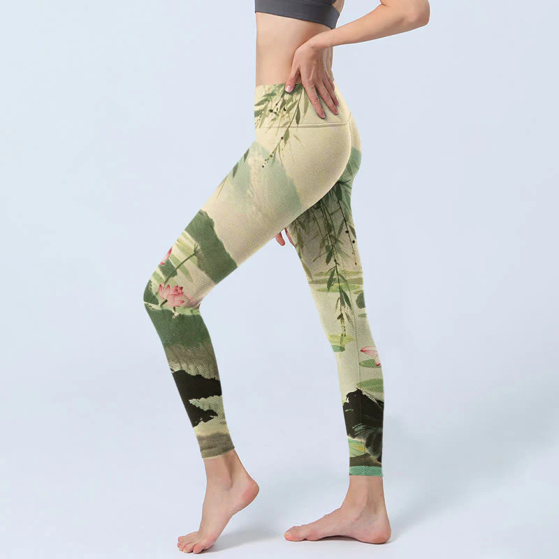 Leggings da palestra con stampa di Buddha Stones, fiori di loto rosa, foglie di loto, rami di salice, pantaloni da yoga da donna - Image 3