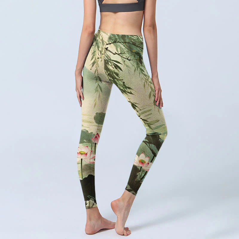 Leggings da palestra con stampa di Buddha Stones, fiori di loto rosa, foglie di loto, rami di salice, pantaloni da yoga da donna - Image 4
